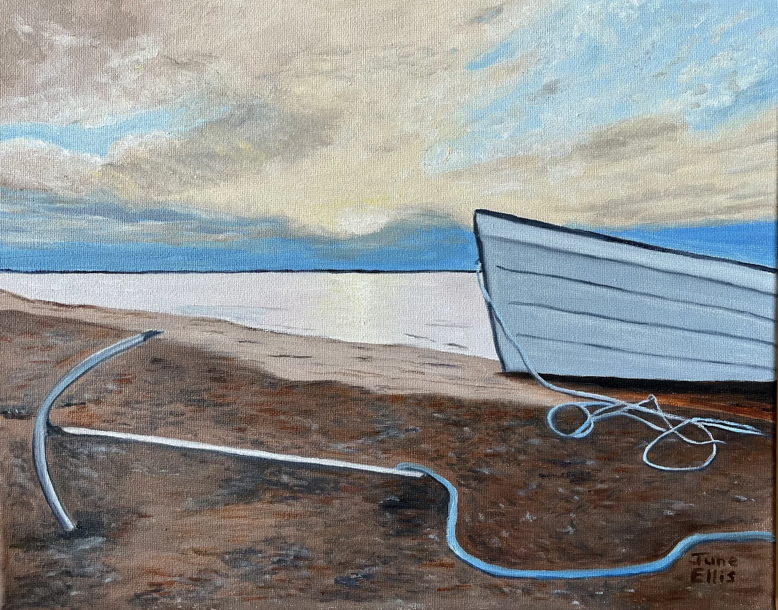 Original PEI oil painting of a fishing dory on the sandy shore by PEI artist June Ellis