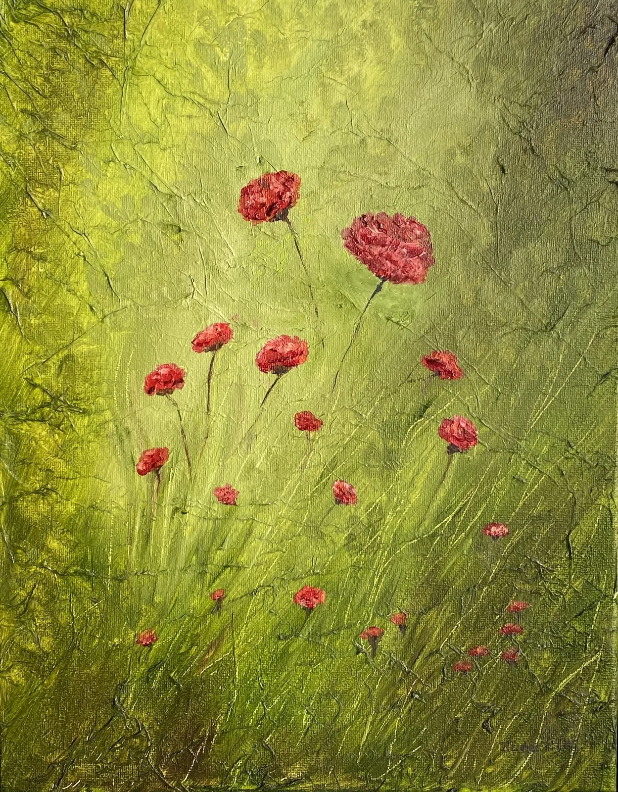 Original oil painting of vibrant red poppies in a field by June Ellis PEI Artist