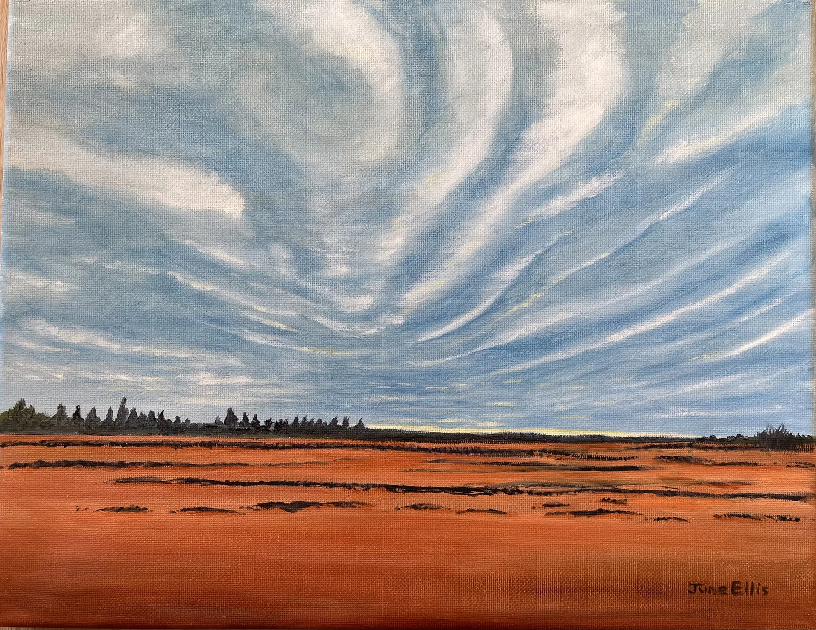 Oil painting of a vibrant sunset sky over Prince Edward Island landscape by June Elli