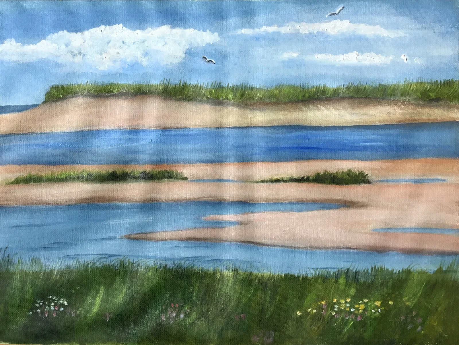 Oil painting of PEI’s North Shore coastline with waves and sand dunes by PEI artist June Ellis