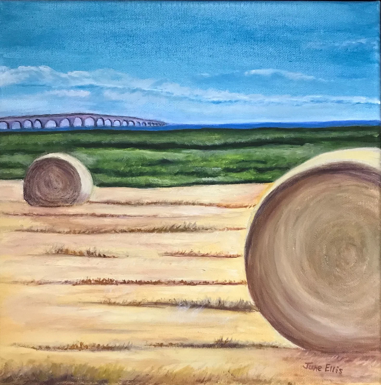 Oil painting of hay bales by a Prince Edward Island Confederation Bridge by PEI artist June Ellis