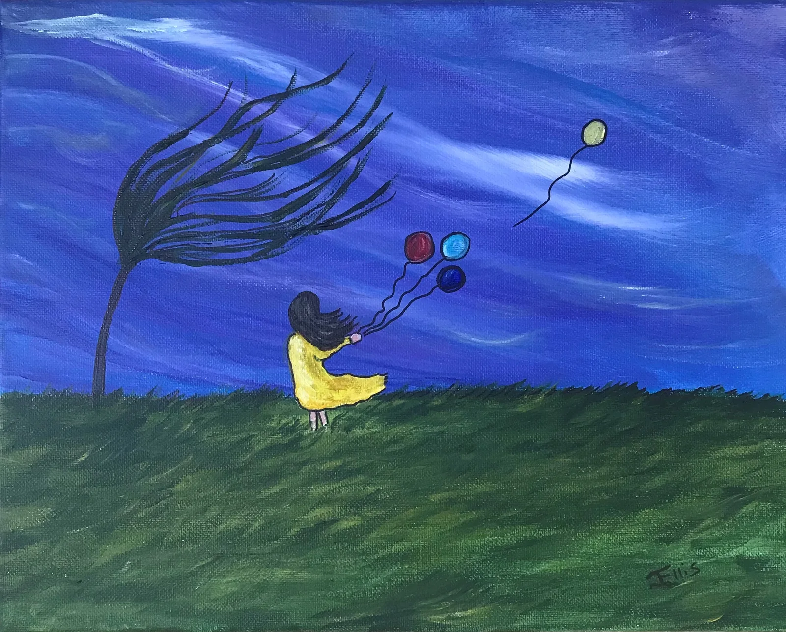 Whimsical painting titled Blown Away showing playful, imaginative PEI art by June Ellis