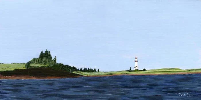 Original oil painting titled Blue Waters depicting the PEI coastline and ocean by June Ellis
