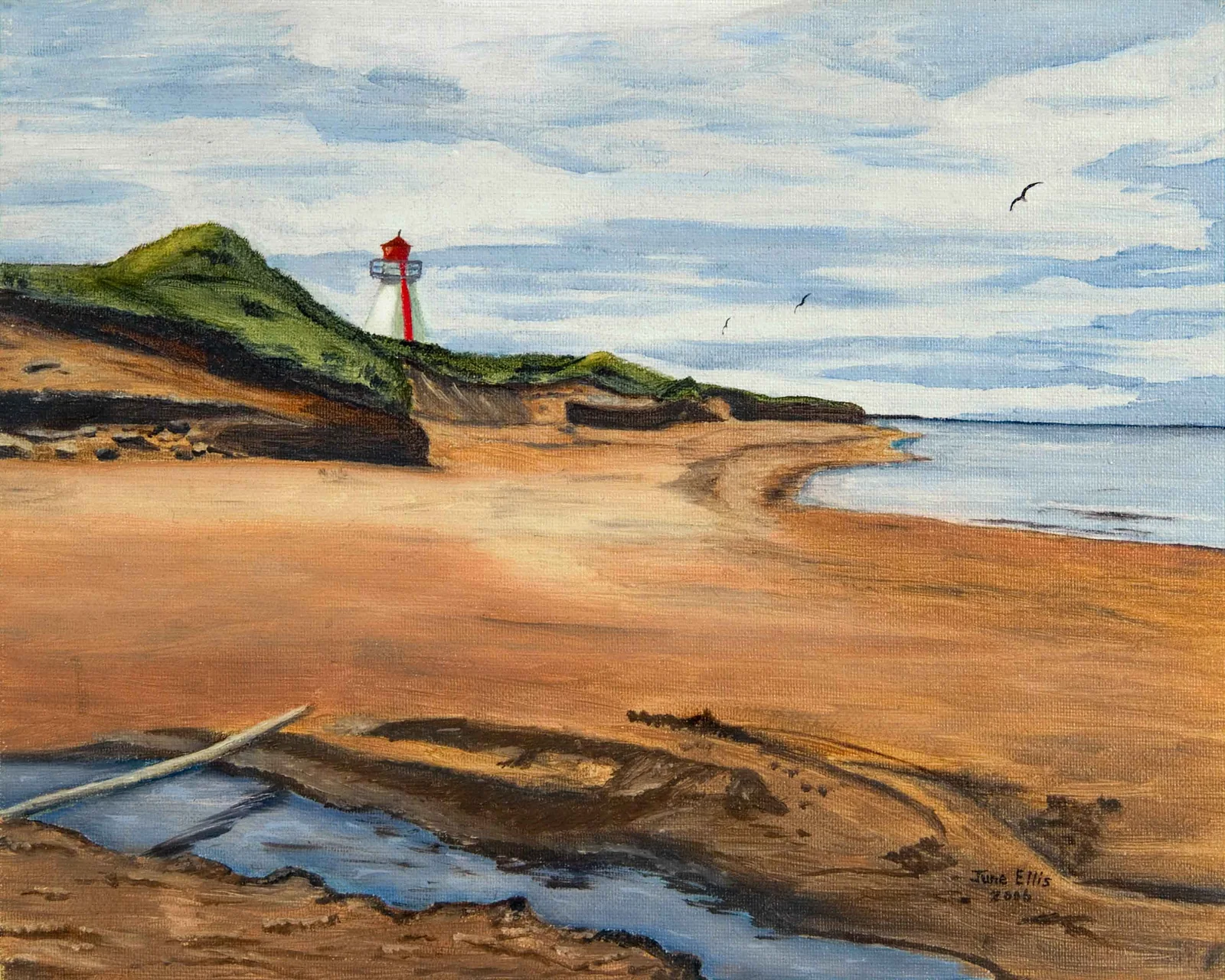 Print from original oil painting of lighthouse on the beach in Darnley Prince Edward Island by June Ellis PEI Artist