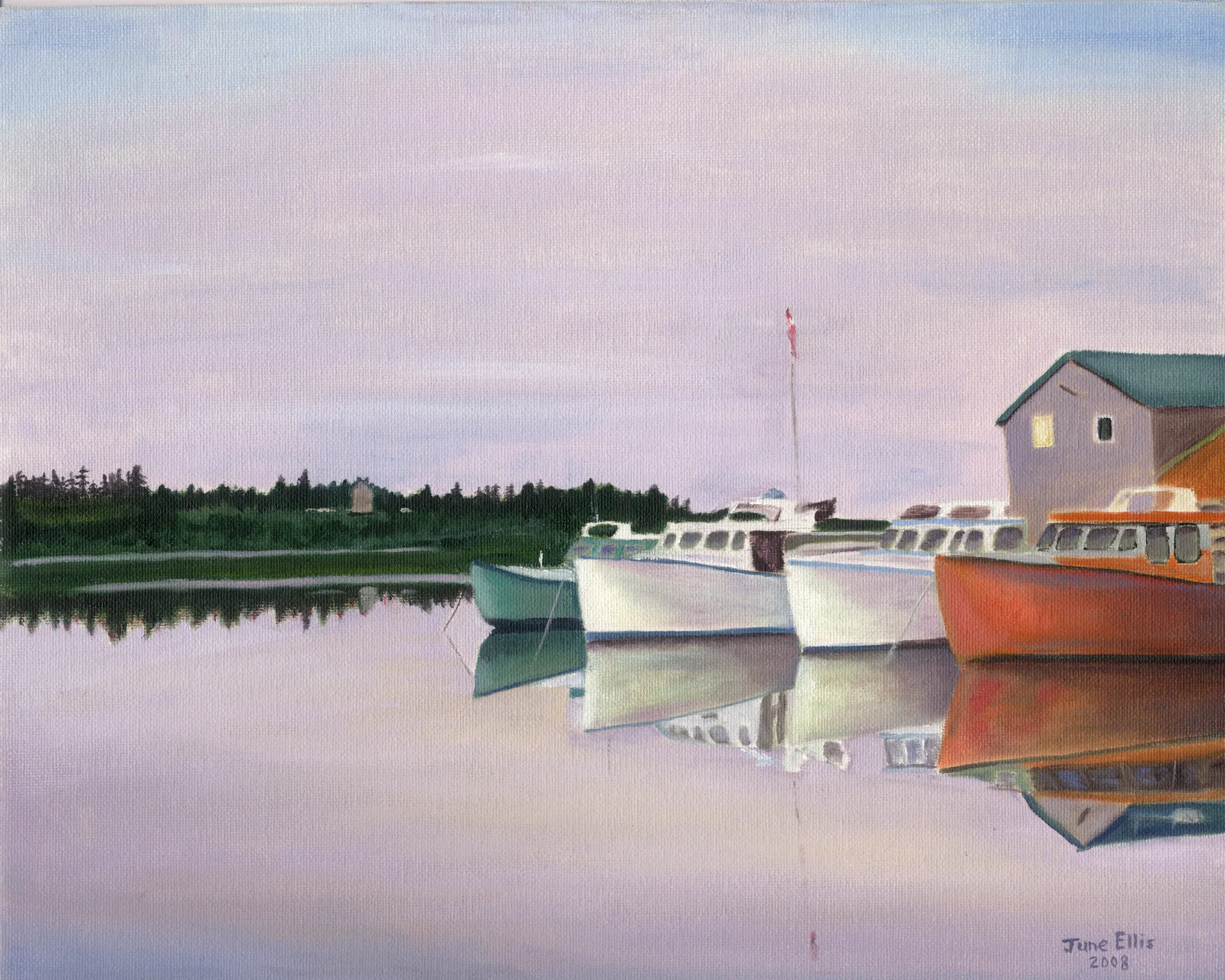 Reflection of fishing boats at the wharf with reflections in the water
