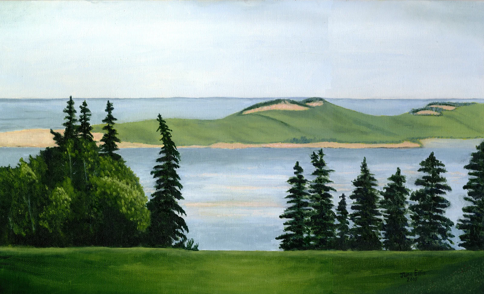 Green trees in the foreground with dunes in the background
