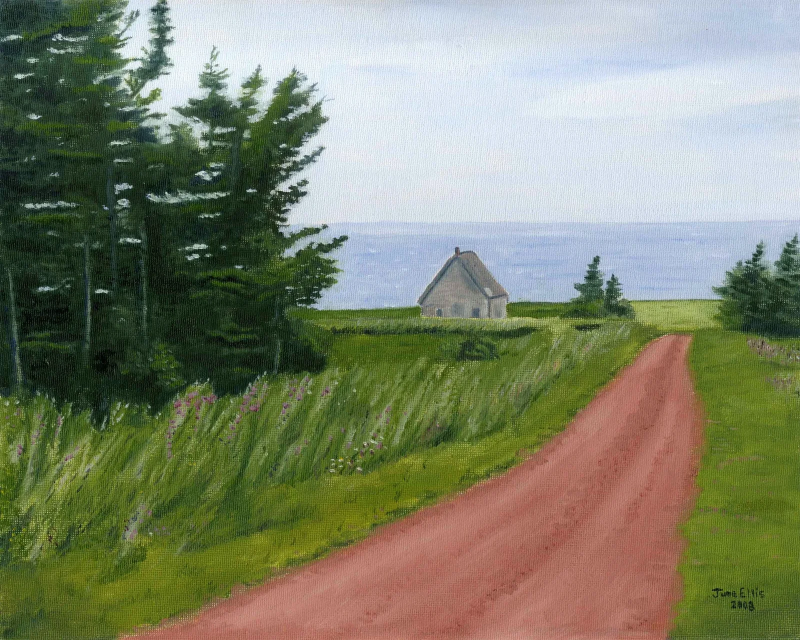 Red lane to the shore with old barn in the background