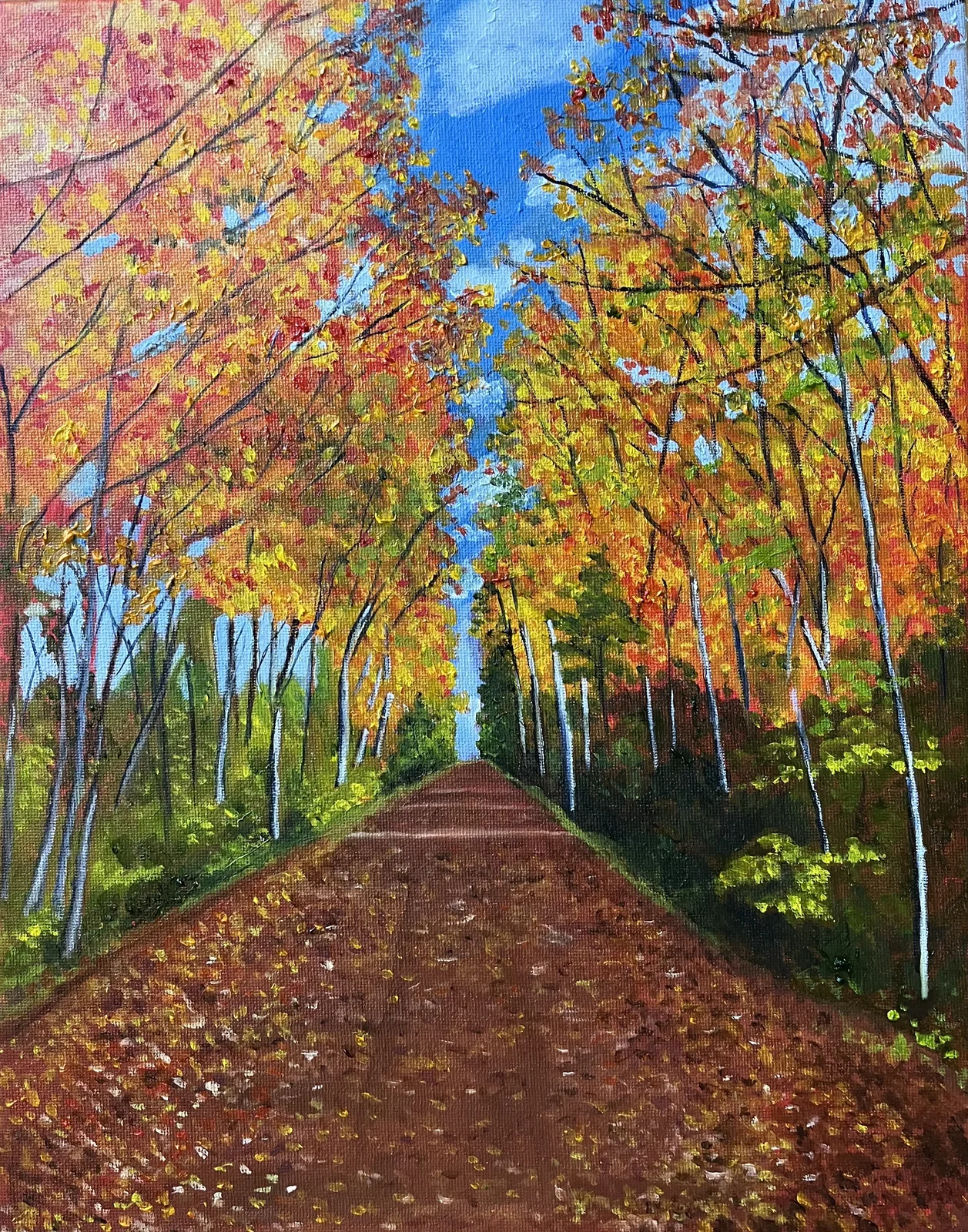 Oil painting of a winding wooded lane on Prince Edward Island, tranquil landscape art by June Ellis
