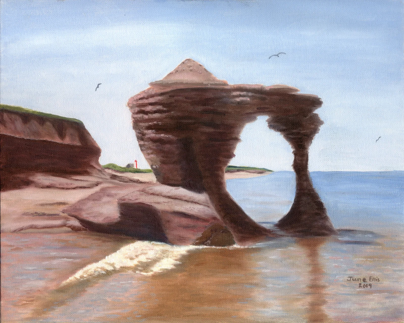 Print from original painting of Teacup Rock in all its splendor on a beach in Prince Edward Island by June Ellis PEI Artist