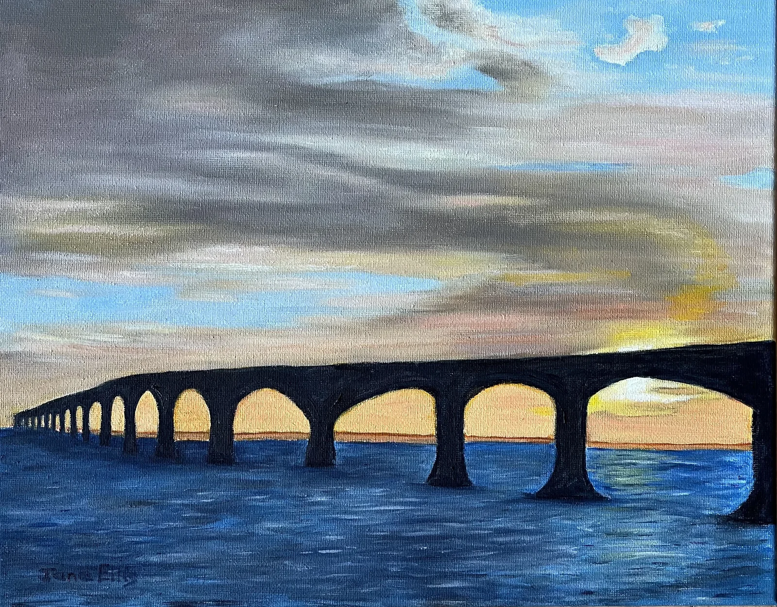 Original painting of the Confederation Bridge at sunset on Prince Edward Island by June Ellis PEI Artist