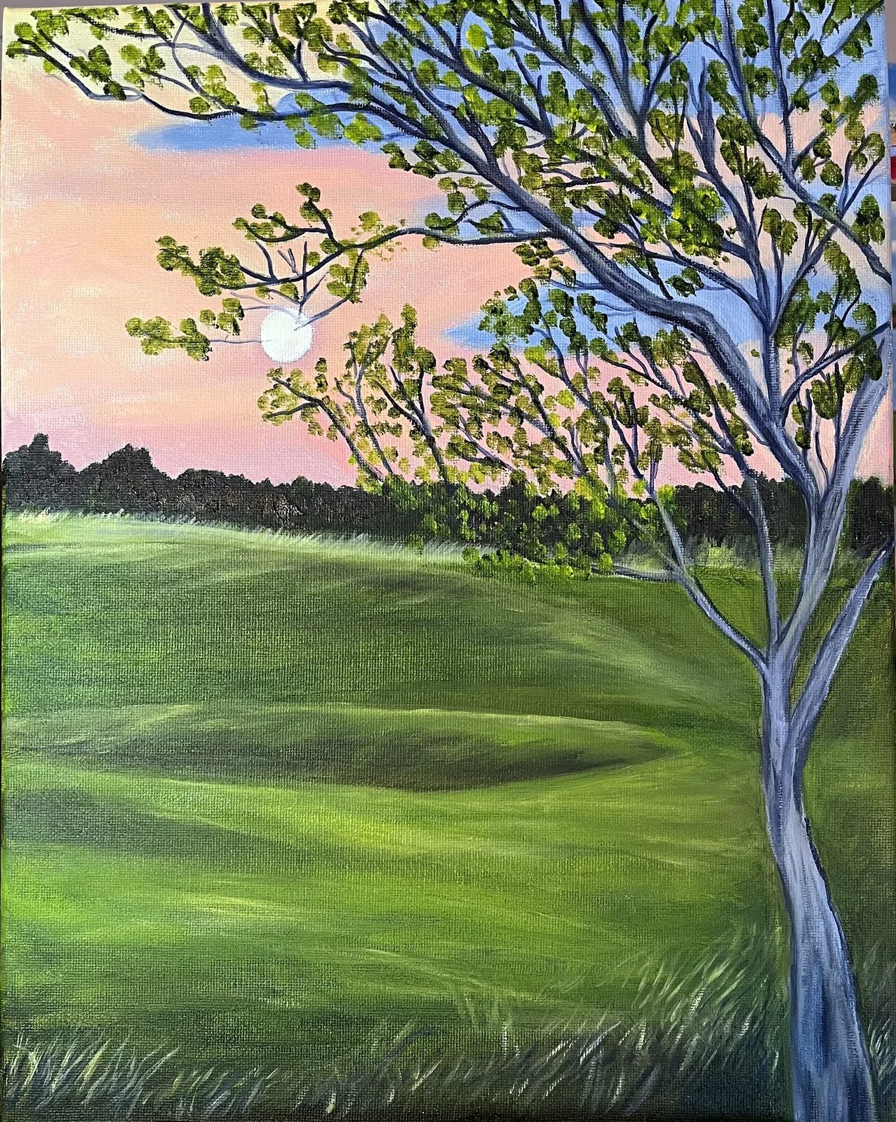 Oil painting of a silhouetted tree under the moonlight against a night sky by June Ellis PEI Artist