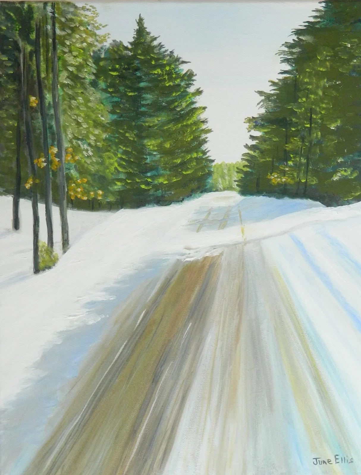 Snow-covered trail winter landscape painting on Prince Edward Island by PEI artist June Ellis